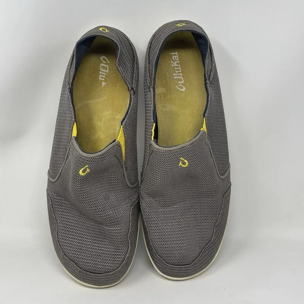 OluKai Nohea Mesh Shoes Mens 11.5 Gray Yellow Slip On Casual Comfort Sneakers